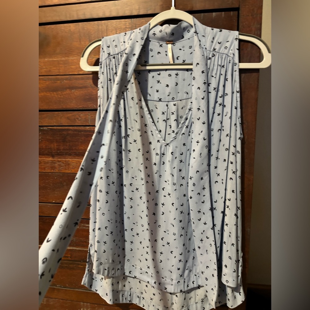 Free People - Baby Blue & Navy Printed Blouse - Size S